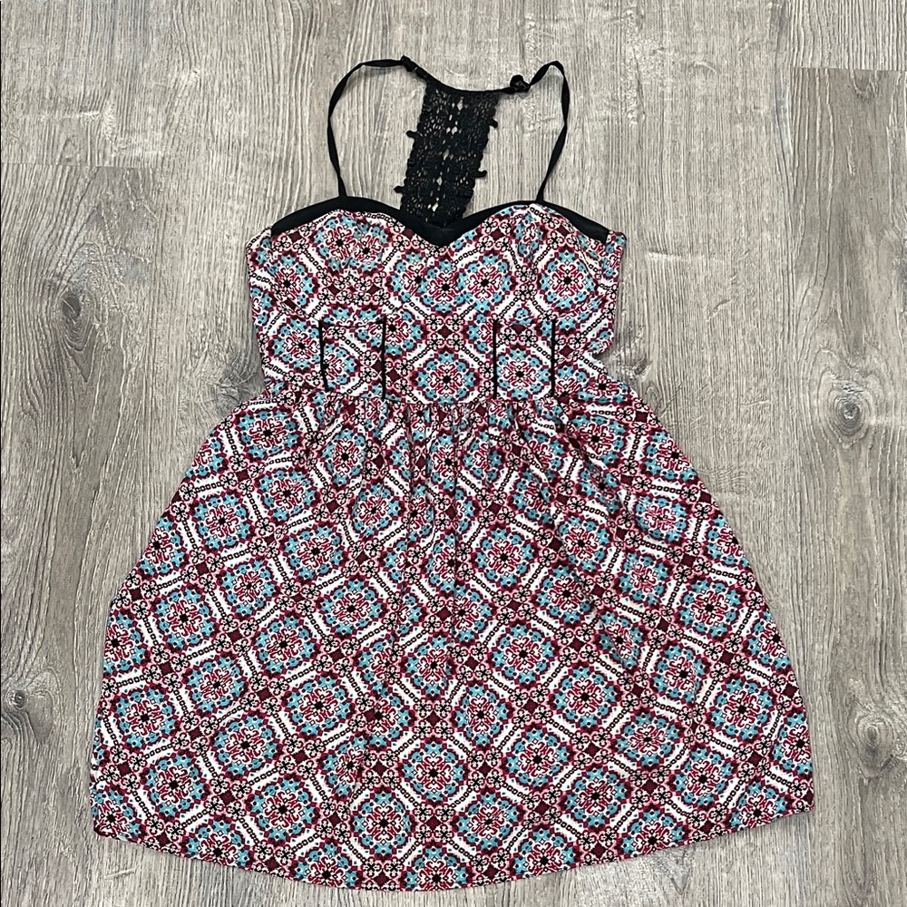 Xhilaration Strapless Patterned Sundress in Teal & Burgundy